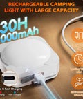 Magnetic Tent Light With 2000mAh Battery, LED Camping Lantern charging via USB-C cable, emphasis on 30-hour battery life.
