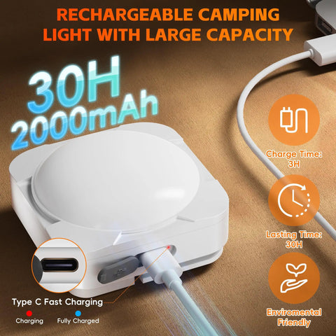 Magnetic Tent Light With 2000mAh Battery, LED Camping Lantern charging via USB-C cable, emphasis on 30-hour battery life.