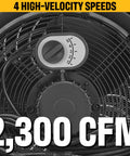 Close-up of Built Tough 14 Inch Drum Fan showing 4-speed control dial and grille, delivering 2300 CFM high velocity air for industrial spaces.
