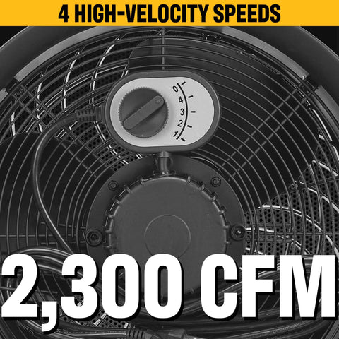 Close-up of Built Tough 14 Inch Drum Fan showing 4-speed control dial and grille, delivering 2300 CFM high velocity air for industrial spaces.