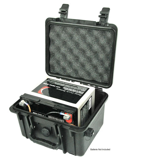 Rugged Waterproof Battery Box For 12V 35AH Or 20AH Cells With Hella Durable Marine Grade IP68 Housing, showing open design and foam lining.