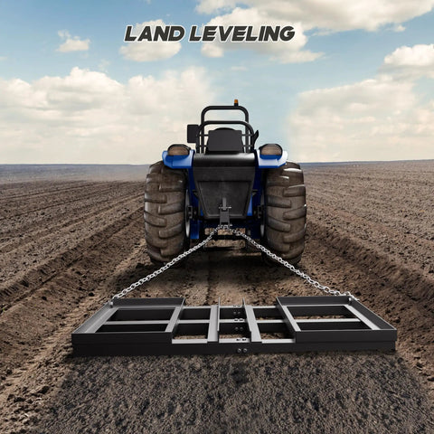 Heavy Duty Tow Behind Workhorse Harrow Rake For Driveways And Lawns, 4 Foot Drag Lawn Grader attached to tractor leveling soil