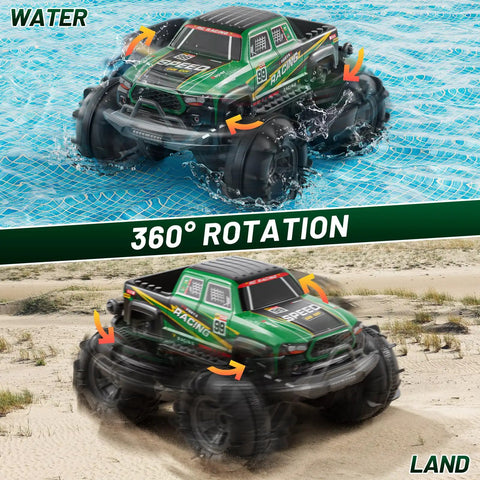All Terrain Amphibious Remote Control Monster Truck for Kids Ages Six to Twelve with Spray and LED Lights 360 flips on water and sand