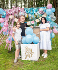 Family celebrating with Epic Gender Reveal Fire Extinguisher 2 Pack Color Powder Blaster With Biodegradable Smoke for party.