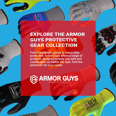 Colorful assortment of Armor Guys protective gloves arranged in a flat lay, featuring various styles and text promoting the collection.
