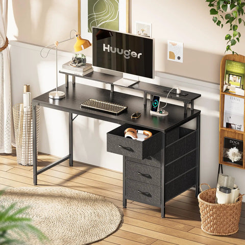 47 Inch Computer Desk With Built In Power Outlets And LED Lights, Game Ready Desk With Four Drawers And Monitor Stand, Perfect For Small Space Home Office, Black