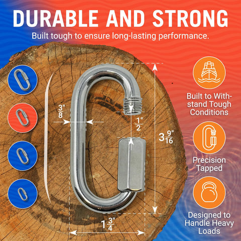 316 Stainless Steel Locking D Shape Chain Link Clips Four Pack Heavy Duty Quick Links Threaded Connectors close-up with measurements