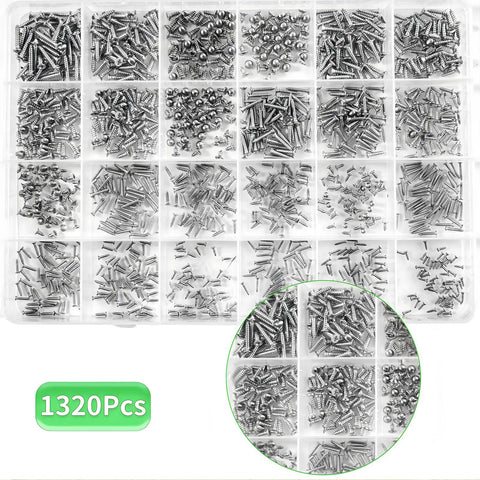 Flat Head Self Tapping Screws Kit With 1320 Pieces In 304 Stainless Steel M1 To 2.2 Sizes organized in a plastic box