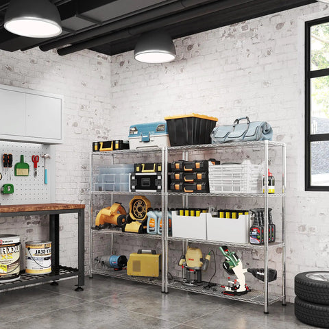 4 Tier Standing Adjustable Wire Shelving Unit With Fixed Feet For Rock Solid Stability And Wobble Free Storage in garage