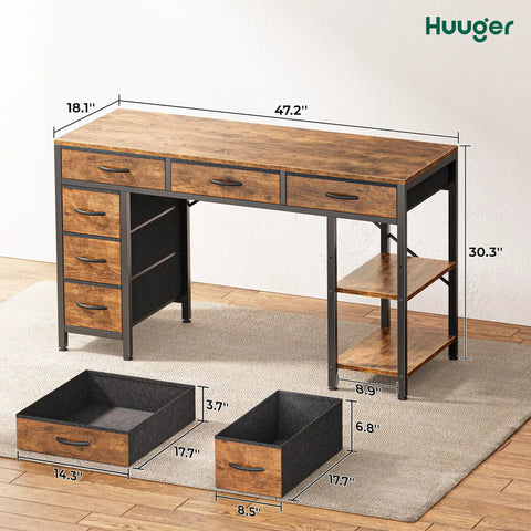 47 Inch Rustic Brown Corner Desk With Six Fabric Drawers And Shelves, Reversible Gaming And Office Desk shown with dimensions