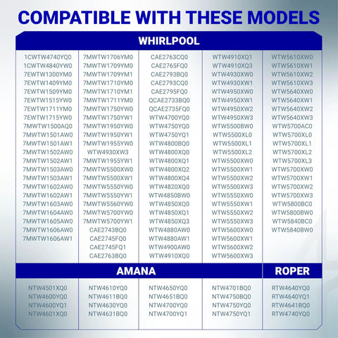 Compatibility chart for Washer Drain Pump Replacement Drop In W10276397 For Whirlpool Kenmore Maytag Laundry Machines with model list.