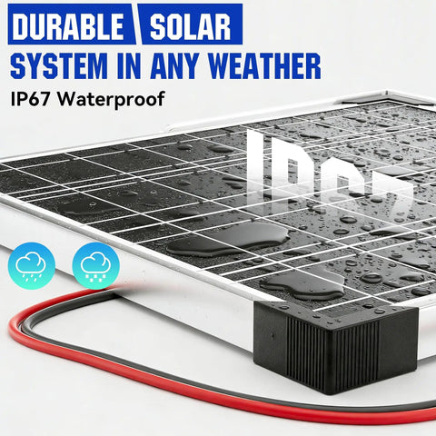 Close-up of 20W 12V Solar Panel Kit With MPPT Controller For Boat RV Motorcycle Marine Use showing waterproof surface and IP67 rating