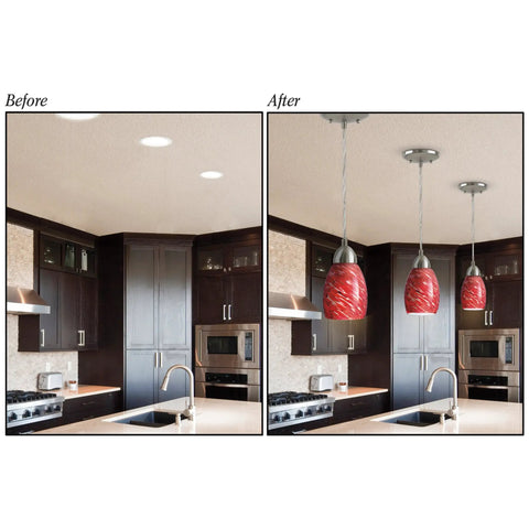 Before and after kitchen view showing Recessed Light To Pendant Converter For 4 To 6 Inch Can Lights with paintable medallion.