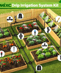Garden layout using Upgraded 2026 360 Degree Adjustable Drip Irrigation Kit with bendable tubing and spray nozzles.