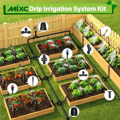 Garden layout using Upgraded 2026 360 Degree Adjustable Drip Irrigation Kit with bendable tubing and spray nozzles.