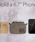 Heavy Duty Waxed Canvas Belt Pouch With YKK Zippers For Men And Women, EDC Waist Pack next to notebook, pen, and 6.7-inch phone