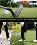 Two Way Dual Sided Golf Chipper Putter With 36 Degree Loft, for right and left handed players, shown in use on golf course