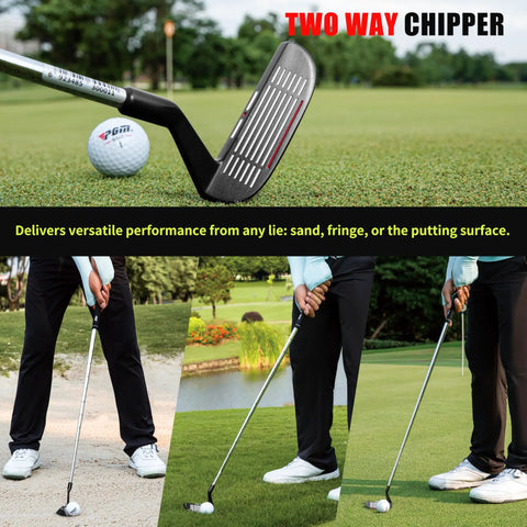Two Way Dual Sided Golf Chipper Putter With 36 Degree Loft, for right and left handed players, shown in use on golf course