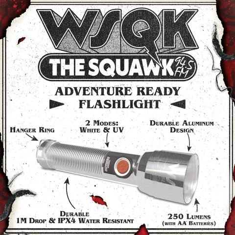 Stranger Things Squawk Dope Retro LED Flashlight With UV and Bright Modes for Camping, metal body, 250 lumens, aluminum design