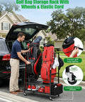 Person loading Two Tier Golf Bag Storage Organizer for Garage Holds Two Golf Bags Plus Extra Clubs Shoes Balls and Accessories