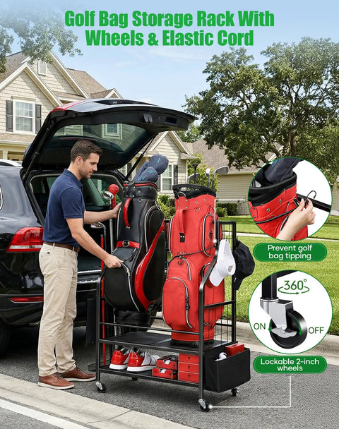 Person loading Two Tier Golf Bag Storage Organizer for Garage Holds Two Golf Bags Plus Extra Clubs Shoes Balls and Accessories