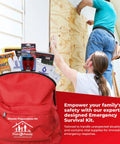 Family Ready All In One 2 Person Emergency Survival Kit with backpack and supplies, man boarding up window for hurricane preparedness
