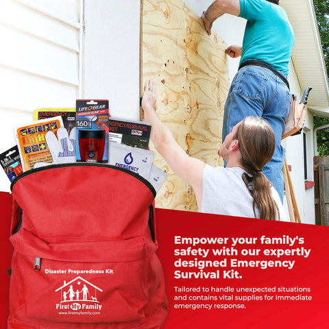 Family Ready All In One 2 Person Emergency Survival Kit with backpack and supplies, man boarding up window for hurricane preparedness