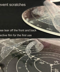 Front view of a 300 mm round center finder compass with measurement scales on transparent plastic