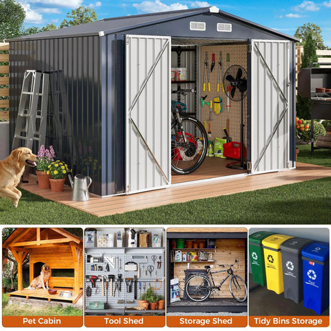 Heavy Duty Outdoor Tool Shed With Lockable Doors And Breathable Vent, 10x8 Ft Metal Garden Storage For Poolside, Backyard, Dark Blue