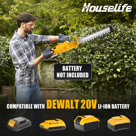 Person using Cordless Hedge Trimmer And Leaf Blower Combo For 20V Max Battery Tool Only on a garden hedge