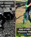 Person using stand up weeder tool with 55 inch steel long handle for easy root removal in lawns and gardens, claw and lever mechanism
