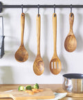13.5 Inch Teak Cooking Spoon Wooden Mixing Spoon Handcrafted From Teak With High Moisture Resistance For Nonstick Cookware displayed