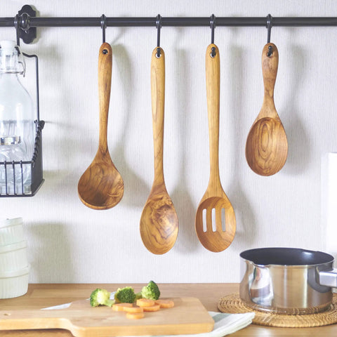13.5 Inch Teak Cooking Spoon Wooden Mixing Spoon Handcrafted From Teak With High Moisture Resistance For Nonstick Cookware displayed