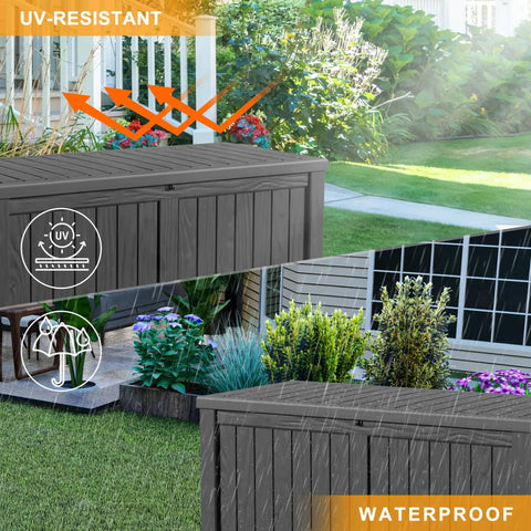 Image of a Heavy Duty 150 Gallon Waterproof Outdoor Storage Box For Patio And Garden Lockable Resin Deck Box in UV-resistant and waterproof conditions.