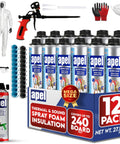 Spray Foam Insulation Kit With 12 Cans, Self Expanding Polyurethane Foam For Heat And Acoustic Insulation, Includes Dispensing Gun, Cleaner, Safety Gear, 24 Nozzles For DIY And Pros image showing the complete set with cans, tools, and gear.