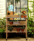 Potting Bench With Natural Wood Top And 3 Tier Shelves Outdoor Garden Workstation With Hooks Fir Wood Potting Table for planting