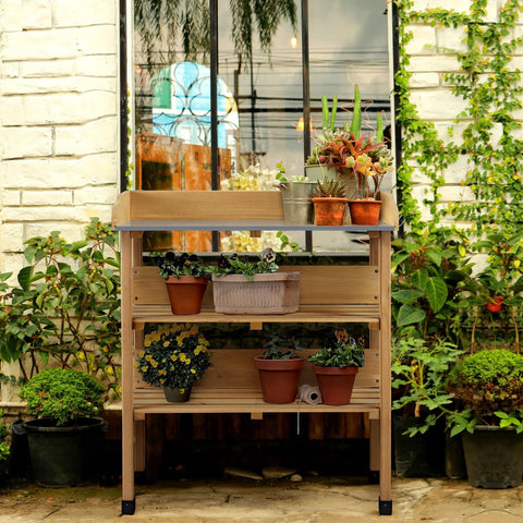 Potting Bench With Natural Wood Top And 3 Tier Shelves Outdoor Garden Workstation With Hooks Fir Wood Potting Table for planting