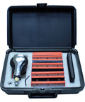 Case containing In-Line Pneumatic Finishing Sander, 2-3/8 by 4-7/8 Inch Pad, 9,000 RPM at 90 PSI, Quick Change Block System, and 8 profile blocks.