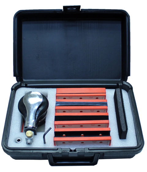 Case containing In-Line Pneumatic Finishing Sander, 2-3/8 by 4-7/8 Inch Pad, 9,000 RPM at 90 PSI, Quick Change Block System, and 8 profile blocks.