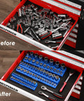 Before and after drawer with Magnetic Socket Organizer Tray Set For One Quarter, Three Eighths, And One Half Inch Drive Sockets, 75 Slot Capacity