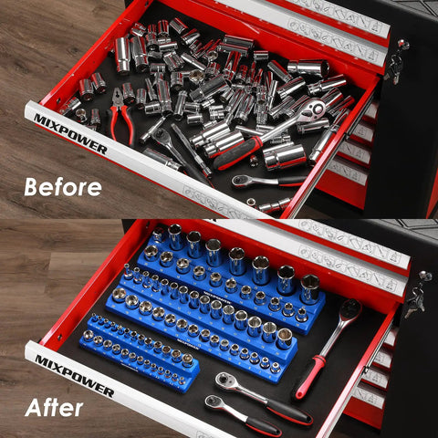 Before and after drawer with Magnetic Socket Organizer Tray Set For One Quarter, Three Eighths, And One Half Inch Drive Sockets, 75 Slot Capacity