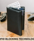 Top Grain Leather Trifold Wallet For Men With RFID Blocking, ultra strong stitching, open view with cards and cash