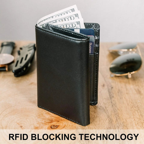 Top Grain Leather Trifold Wallet For Men With RFID Blocking, ultra strong stitching, open view with cards and cash