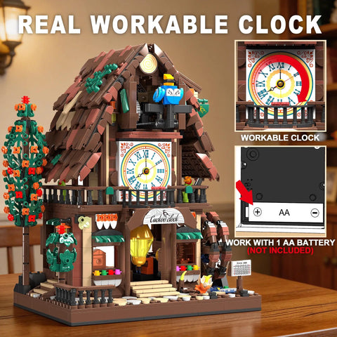 Cuckoo Clock House Building Set Compatible With Lego Real Working Clock And Rotating Waterwheel Mechanical Linkage Big House Build Kit For Adults And Kids Ages 8 To 12 1909 Pieces Epic Birthday Gift, front view