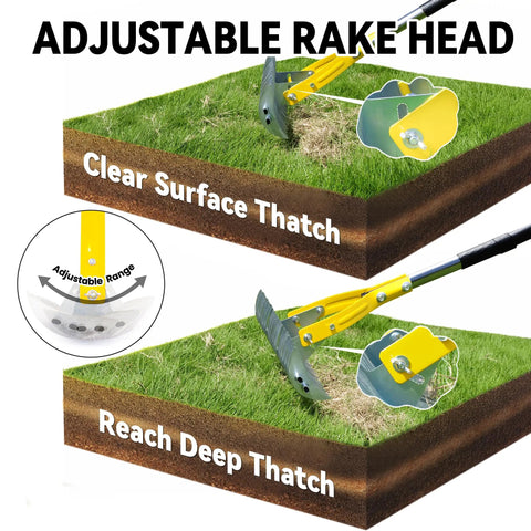 Long Handle Thatch Rake For Lawn With 74 Inch Handle 15 Inch Dethatcher Rake clearing thatch and debris with adjustable head