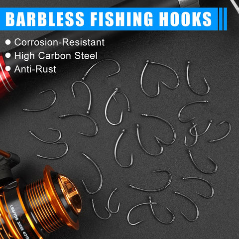 Pro Grade 175Piece Barbless Carp Hook Kit With Curve Shank Crank Wide Gape Fly Tying And Circle Hooks Includes Tackle Box