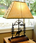 Rustic Elk Table Lamp With Faux Rawhide Shade, Inline Dimmer, 26 Inch Cabin Lighting For Living Room Or Den, Cozy Amber Glow