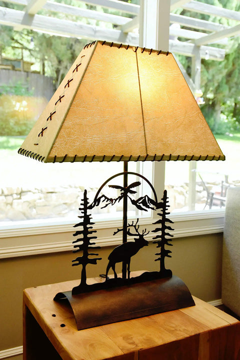 Rustic Elk Table Lamp With Faux Rawhide Shade, Inline Dimmer, 26 Inch Cabin Lighting For Living Room Or Den, Cozy Amber Glow