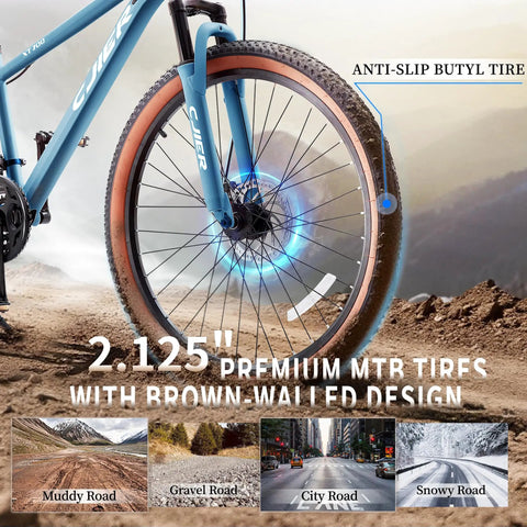 Close-up of Kids Mountain Bike For Boys And Girls 24 Or 26 Inch with 2.125 Inch All Terrain Tires on a rough trail.