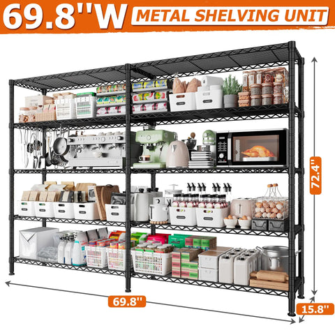 Heavy Duty Five Tier Storage Shelving Unit With Extra Wide 69.8 Inch Wire Rack Holds Up To 1600 Lbs Total Perfect For Garage Workshop Home Storage And Warehouse Organization, 69.8-inch black metal wire shelf